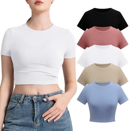 INIBUD Crop Tops for Women 5 Pack Cropped Tshirt Short Sleeve Crew Neck Summer Slim Fitted Tight Basic Y2K Baby Tee XL
