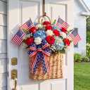Patriotic Woven Hanging Basket Decor 4th of July Front Door Basket with American Stick Flag Star Stripe Ribbon Hanging Flower Arrangement for Independence Day Farmhouse Garden(Flower Not Included)
