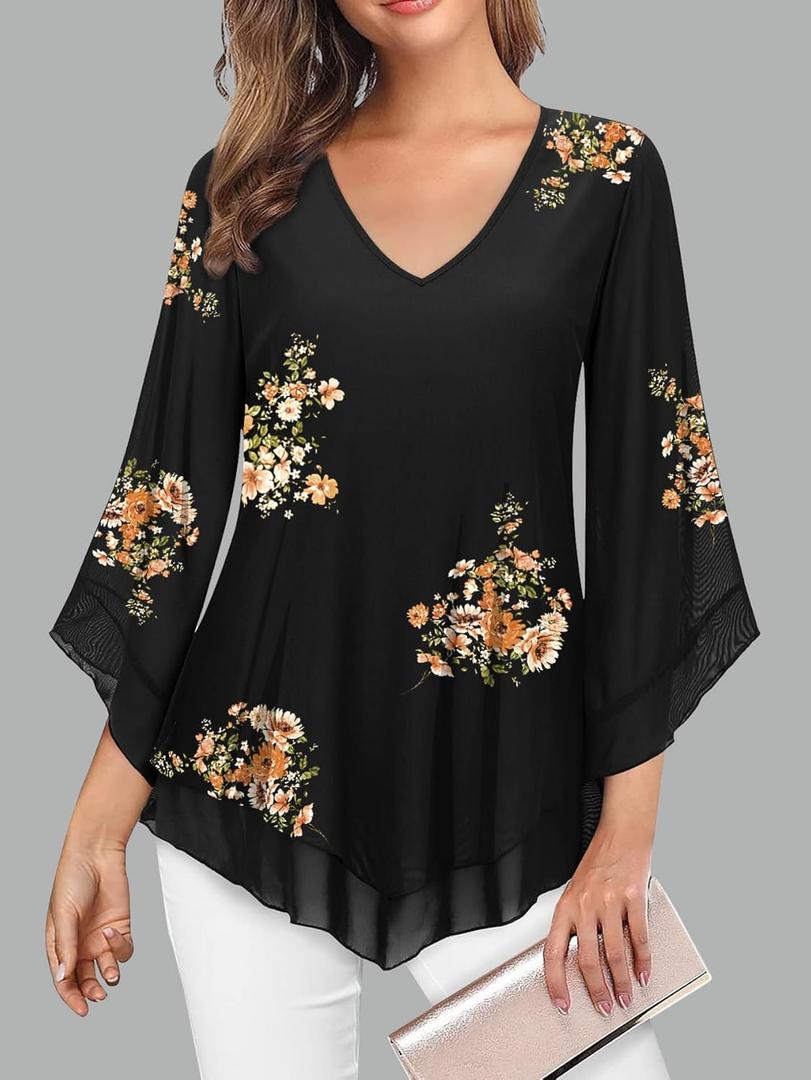 Womens Dressy Blouse V Neck Double Layers Elastic Mesh Casual Flowy Work Shirts Ruffle 3/4 Flared Sleeve Tunic Tops Large