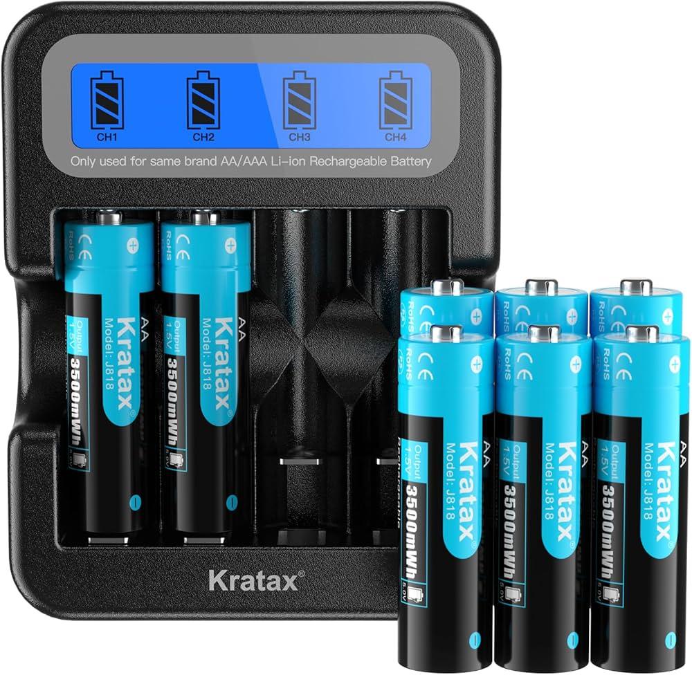 Kratax 1.5V AA Rechargeable Battery with LCD Charger Black, 3500mWh with 1600 Charge Cycles Compatible with Xbox Blink Camera Controllers 8 Pack