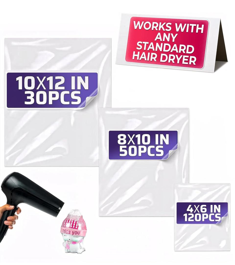 200 Pcs Heat Shrink Wrap Bags  3 Sizes 3.93x5.90" (120) 7.67x9.64" (50) 9.64 x11.61" (30) PVC Plastic  Compatible with Heat Gun or Hair Dryer at Medium Temperature  Great for Valentines Day Treats