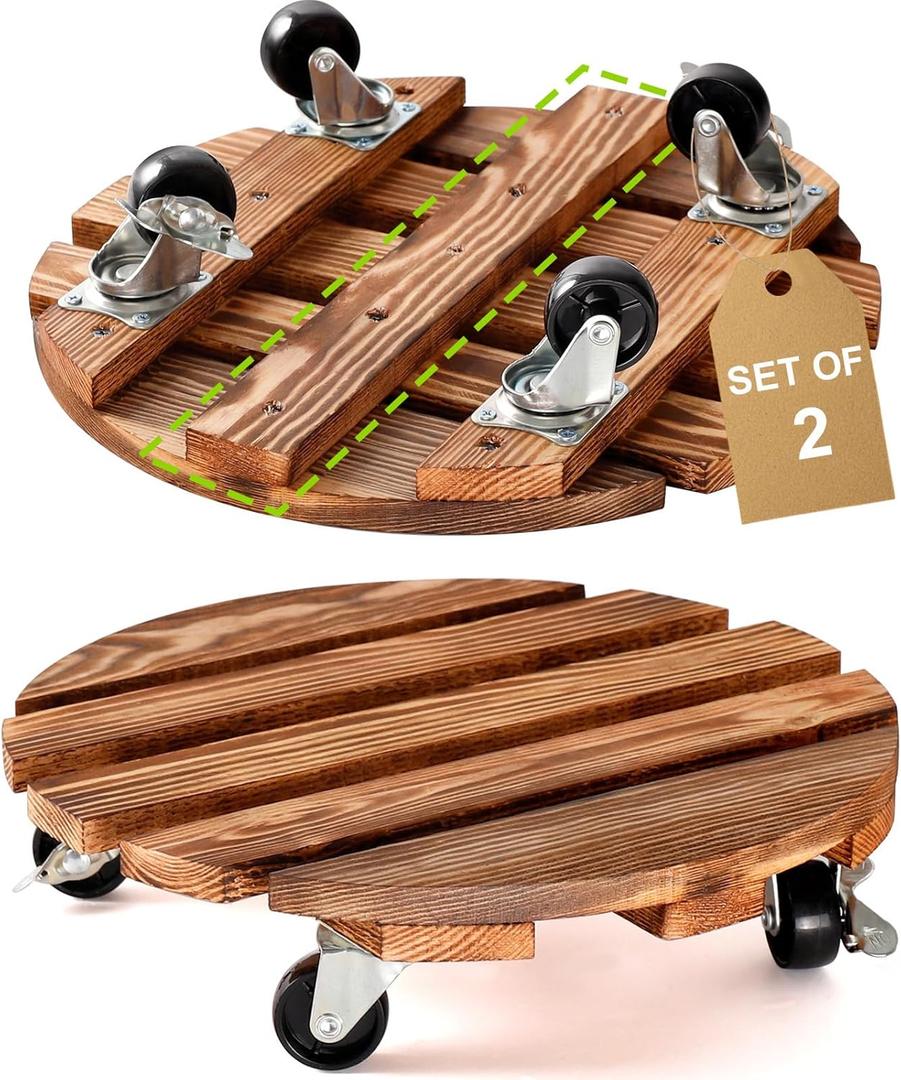 HOHY 2-Pack 12" Plant Caddy Plant Stand with Wheels Heavy Duty Wood Rolling Plant Stand with 2 360 Lockable Wheels,Indoor Outdoor Plant Roller for Large Planters, Flower Pot, Patio