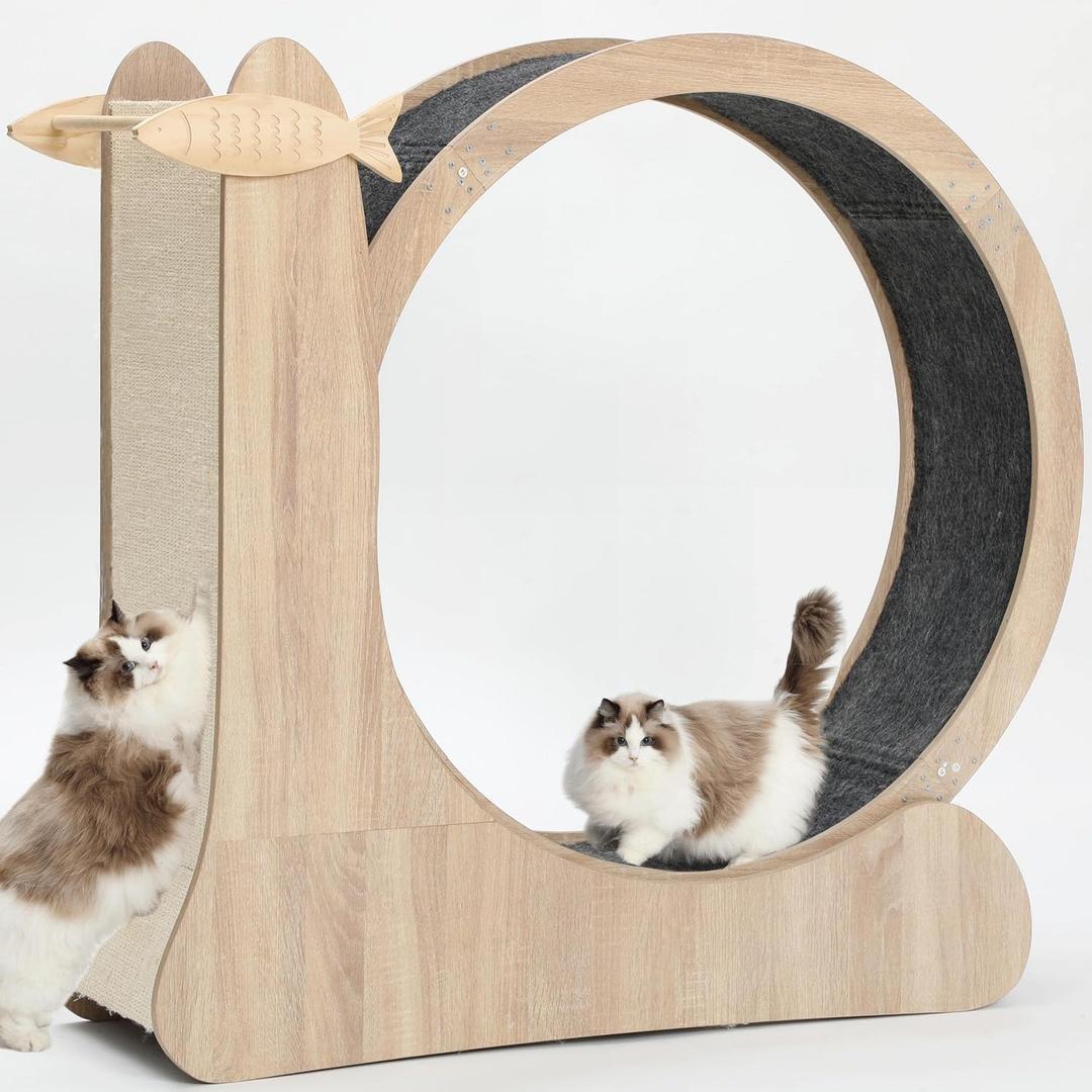 Cat Wheel,4-in-1 Cat Exercise Wheels for Indoor Cats,41.3”H Large Quiet Treadmill Running Wheels for Indoor Cats,Cute cat Furniture with Scratcher,Natural Wood,Pet Toys