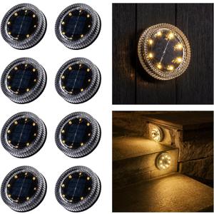 Glass Solar Step Lights with Wave Style, Modular-Design Waterproof Outdoor Fence Lights for Stairs Step Yard Patio Garden Wall Pathway, Decorative Patio Table Lighting, Warm White (8 Pack)