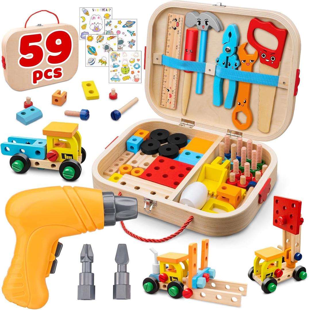 59Pcs Kids Tool Set Toy for Boys - Montessori STEM Wooden Play Tool Box Kit with Electric Drill with 2 Types Bits - Educational Christmas Birthday Gifts for Boys Toddlers Kids Age 3 4 5 6 Years Old