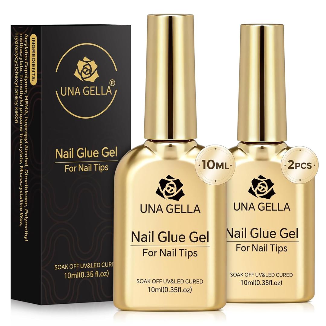 UNA GELLA 9 in 1 Gel Nail Glue for Clear Acrylic Nails Tips 2Pcs 10ml Long Lasting Super Strong Brush on Nail Gel Glue for False Press on Nails Tips Base Blooming Gel, U V Light Required, B-2Pcs 10ml Gel Nail Glue