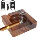 Premium Extra Large Wooden Cigar Ash Tray with 3 Cigar Cutter set, Cigarette Ashtray for Smokers Outside Patio Home Office Bar Use