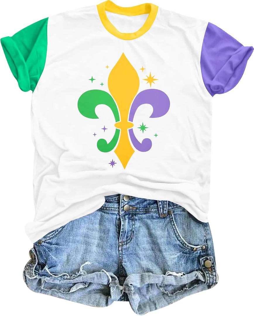 KIDDAD Mardi Gras Shirts for Women: Carnival Themed Shirt Funny Fleur Graphic Tshirt New Orleans Party Tee Holiday Tops XL