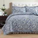 Blue Floral King Quilt Set - 100% Cotton Farmhouse Reversible Quilt Bedding Set - Blue and Light Gray Luxury Elegant Cottage Quilts - Lightweight Bedspreads for All Season 3 Piece
