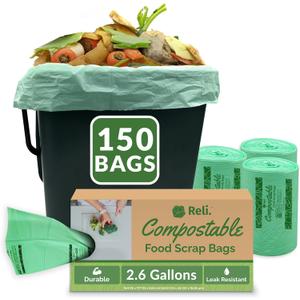 Reli. Compost Bags 2.6 Gallon (150 Count) | ASTM D6400 | Compostable Trash Bags for Food Scraps | Small Composting Liners for Kitchen CompostBin/Countertop Bin | Green, Eco for Food Waste, 2.6 Gal