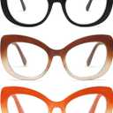 AMOMOMA 3 Pack Stylish Oversized Cat Eye Reading Glasses for Women Fashion Readers Blue Light Square Computer Glases AM6077 (C1.black+c2.tortoise Grading Green+c5.orange Grading)