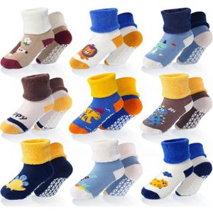 ANTSANG Baby Toddler Grip Socks, Girls Boys Thick Cotton Ankle Crew Socks | Enhanced Grips, Adjustable Cuff, Smooth Toe, High Elasticity, Soft Touching, Breathable, Moisture-Wicking, Non-Slip, 9 Pairs