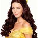Half and Half Long Brown Curly Princess Wig with Bun + Yellow Ribbon + Wig Cap, 23.6'' Dark Brown Costume Wave Wigs for Women Halloween Party