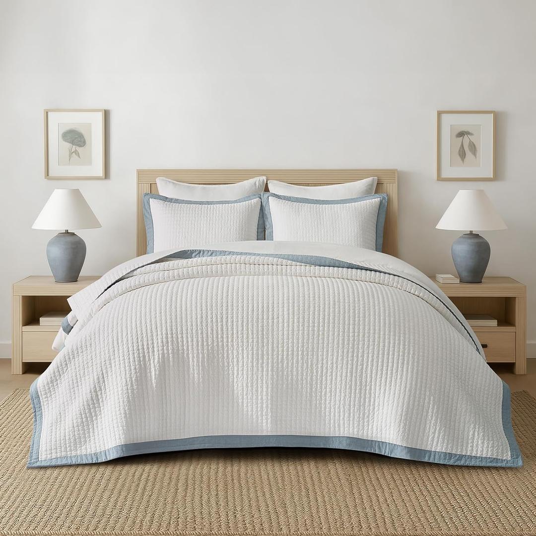 EVERGRACE Cotton Border Frame Tack-Stitch Quilt Bedding Set Queen Size, Coastal Oversized 3 Pieces Lightweight Bedspread Coverlet for All Season, with 2 Matching Shams, Blue Linen (Full/Queen (92" X 96"))