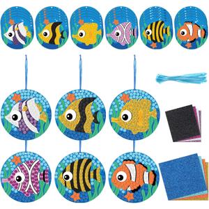 24 Pcs Ocean Crafts Glitter Mosaic Fish Craft Kit Under The Sea Ocean Animals Crafts Beach Hanging Ornaments for Summer Theme Party Favors Home Classroom Activities
