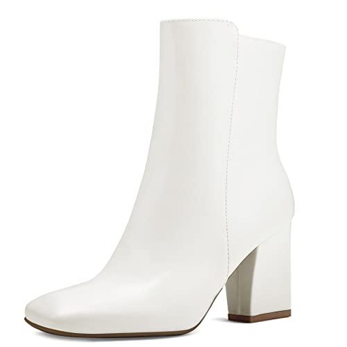 mysoft Women's Ankle Boots Square Toe Side Zipper GoGo Boots Chunky Block Heel Mid Calf Low Heeled Short Booties Size 6.5 White Pu