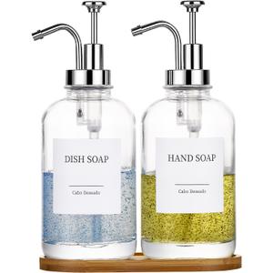 Glass Soap Dispenser with Pump, Dish and Hand Soap Dispenser for Kitchen Bathroom Set, Clear Glass Dispenser Set of 2 Pack with 18 Stickers Funnel Bamboo Tray 500ml 18oz / Each Bottle Sliver Pump