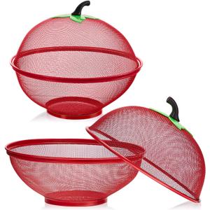 Tessco 2 Pcs Fruit Basket with Lid Mesh Apple Shaped Fruit Bowl Cover Protective Holder Countertop Metal Wire Against Flies Reusable Strainer for Gift Restaurant Kitchen Food Vegetable, Red