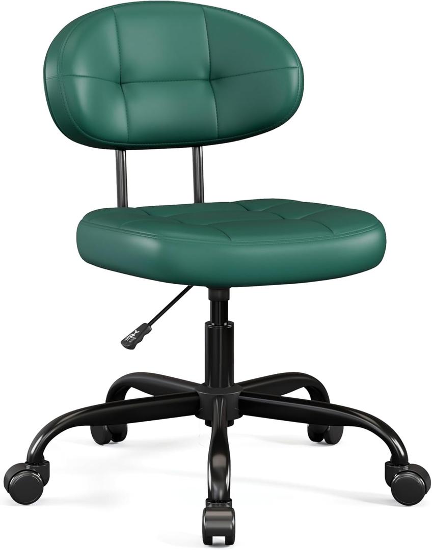 Misolant Vanity Chair with back, Small Armless Cute office Chair with wheels and Lumbar support, Comfy PU Leather Desk Computer Chairs with Adjustable Height, 360Swivel for Home Bedroom Office, Green