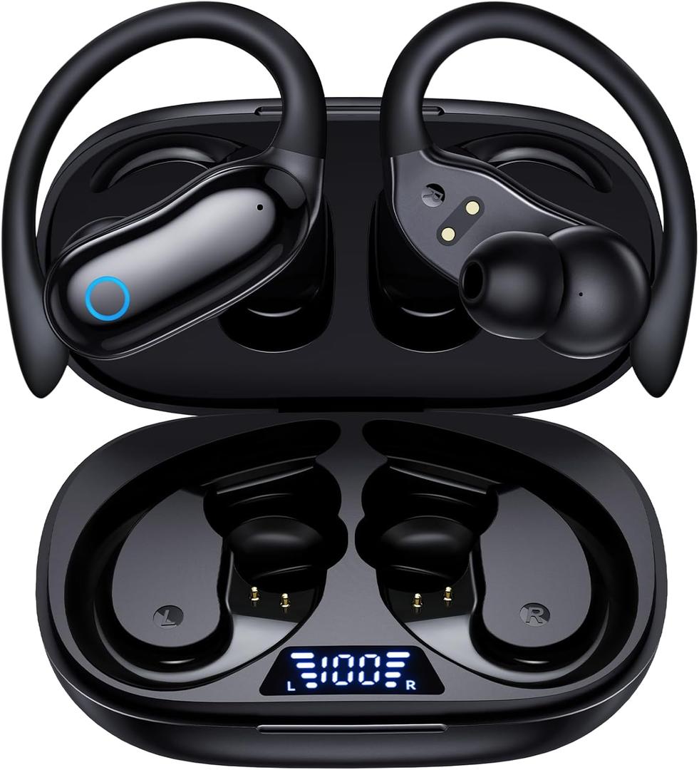 GNMN Active Noise Cancelling Ear Buds Wireless Earbuds 96hrs Playback Bluetooth Headphones Dual Battery Display Stereo Bass Earphones with Earhooks Microphone IPX7 Waterproof for Sports/Runing/Workout