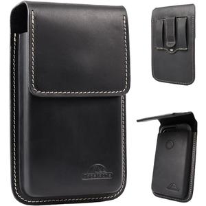 Topstache Leather Cell Phone Holster with Belt Clip - Flip Cell Phone Holder for iPhone 17/16/15/14/13/12 - Magnetic Closure Leather Belt Pouch Case for Galaxy S25/S24/S23/S22, L,Black
