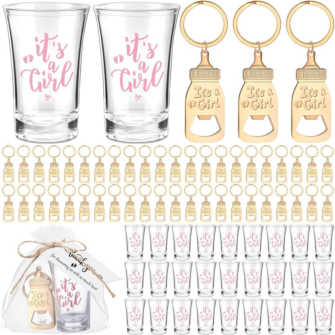 Vesici 50 Set Baby Shower Favors for Girls Boys Acrylic Shot Glasses Gold Bottle Opener Keychains Thank You Tags and Bags for Baby Shower Party Gender Reveal Party Guests Return Gift (It's A Girl)