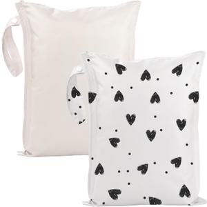 2 x Wet Dry Bags Water Resistant - 2 Pack Reusable Waterproof Wet Dry Bag for Swimsuits & Baby Clothes - Leakproof Storage Pouch Bag for Travel & Baby Diaper - Travel Laundry Daycare Bags (BlackHeart&Beige)