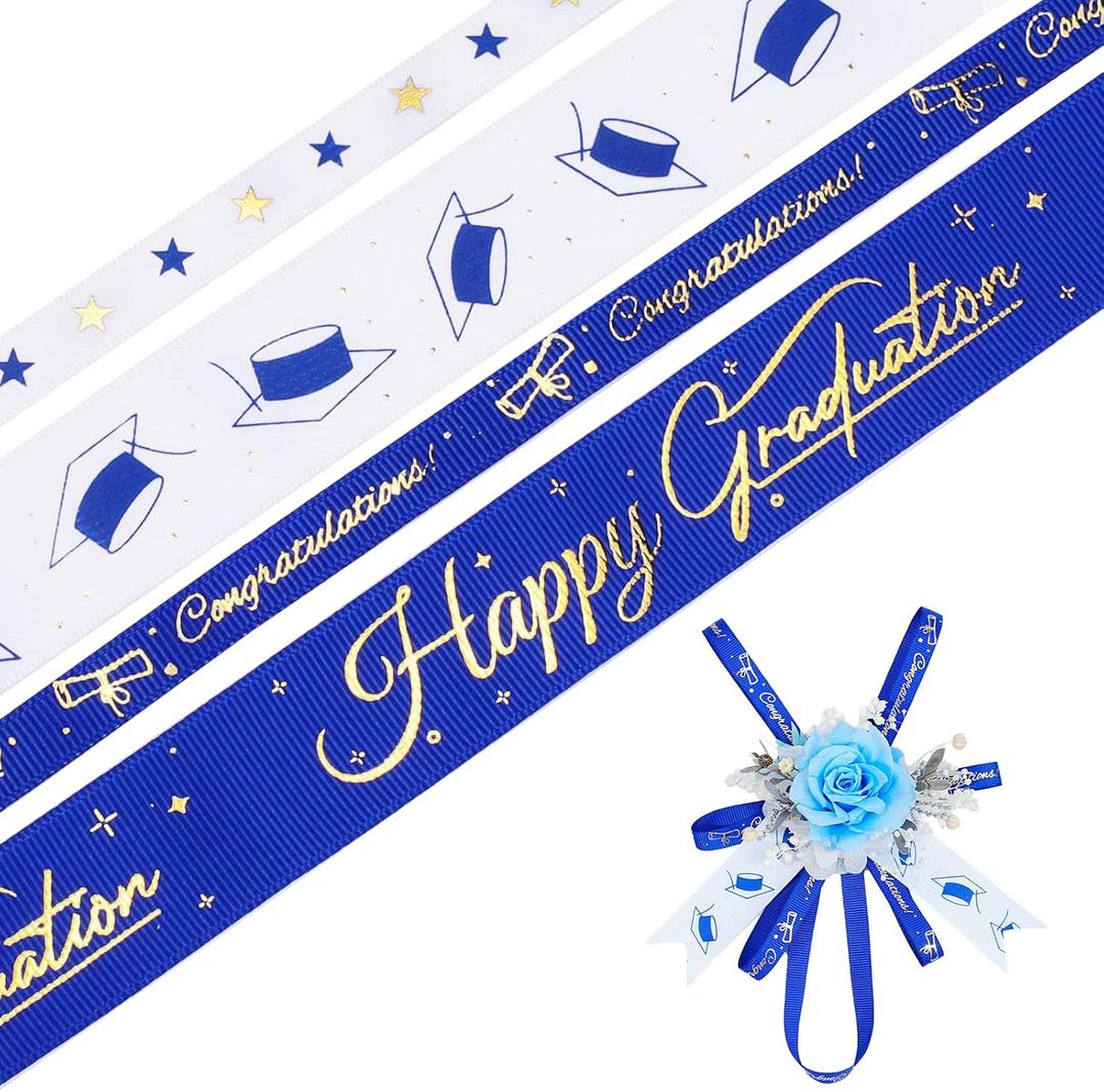 LaRibbons Graduation Ribbon 4 Rolls 1" and 3/8" 20 Yards TTL, Blue and White Gold Congrats Grad Satin Grosgrain Ribbon for Gift Wrapping Class of 2025 Grad Party Lei Making