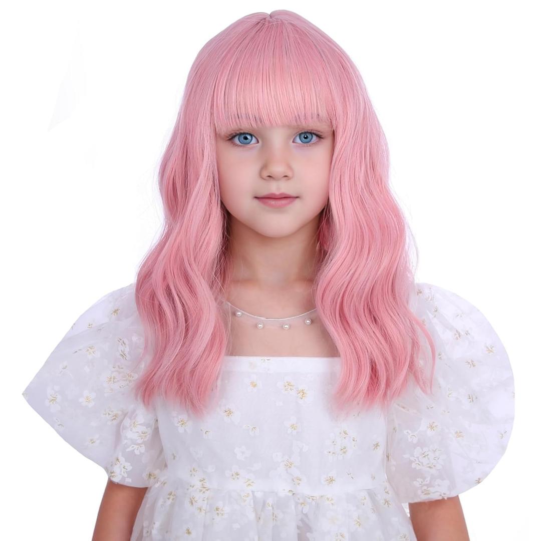 Pastel Pink Wig for Kids Girls Short Light Pink Wig with Air Bangs Short Pink Wavy Curly Wig for Child Heat Resistant Synthetic Wig with Wig Cap