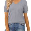 SHEWIN Women's Summer Short Sleeve Sweaters Crewneck Pleated Knit Tops Business Casual Work Shirts Blouses (Light Grey) XL