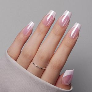 VSALON Press on Nails Short Coffin - Pink French Tips Glazed Chrome Fake Nails Kit, Long-Lasting & Reusable Opaque Soft Gel Glue Fake Nails with Glue & Cuticle Oil - 32 PCS in 16 Sizes Gifts for Women