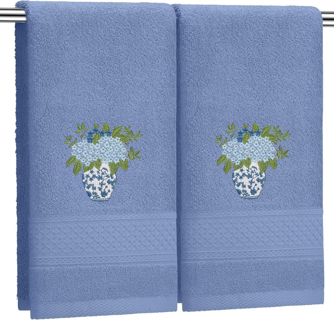 Frienda 2 Pcs Chinoiserie Vase Hydrangea Hand Towels Slate Blue Bathroom Decor 29.5x13.8 Inches Embroidered 100% Cotton Soft Absorbent Spring Summer Decorative Hand Towels for Bathroom Kitchen