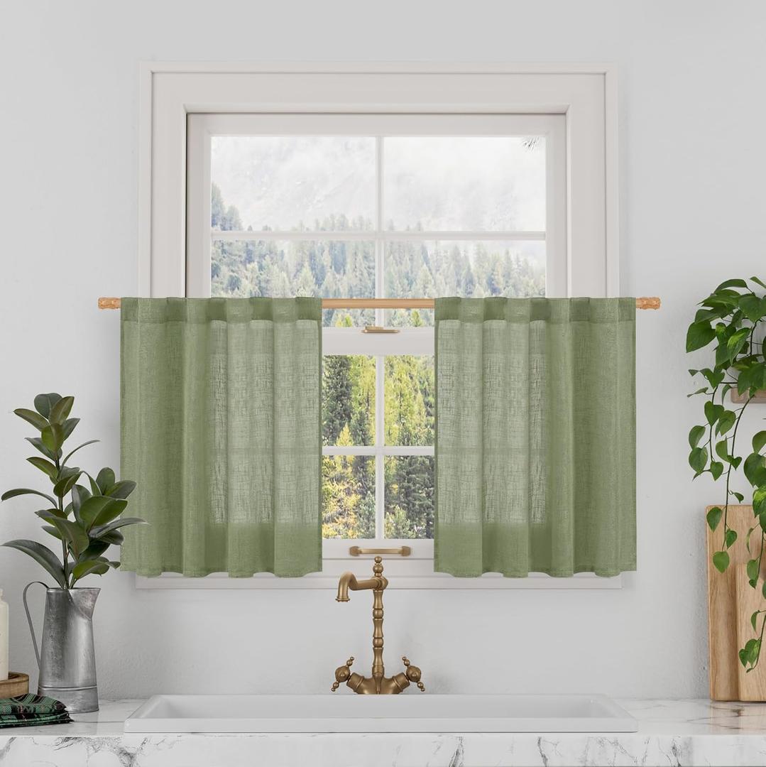 LAMIT Small Window Linen Curtains for Kitchen, Cafe Curtains 24 inch Semi Sheer Light Filtering Panels Back Tab and Rod Pocket Drapes for Small Window, 2 Panels, Sage Green, 34 x 24 Inch