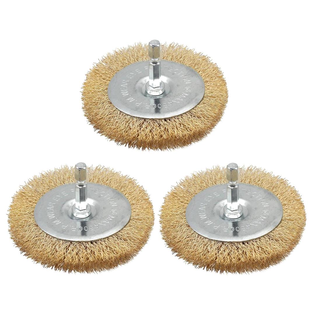 3PC Brass Coated Wire Wheel Brush Kit for Drill, Crimped Cup Brush with 1/4-Inch Shank, 0.13mm Coated Brass Wire Brushes, for Fast Removal of Rust, Paint and Scale from Metal and Wood