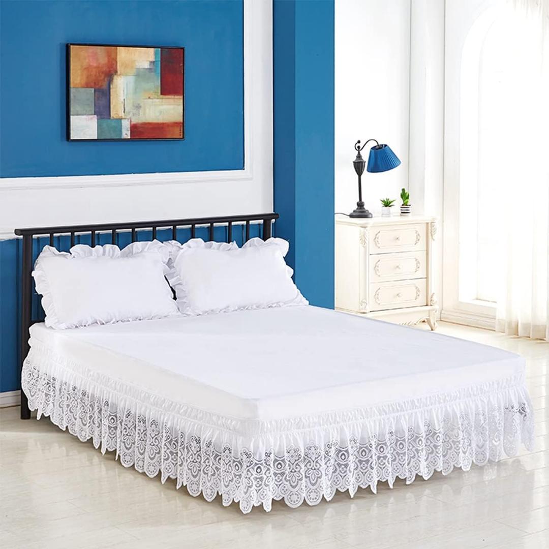 Home Wrap Around Elastic Lace Bed Skirts Bed Wrap Easy Fit Dust Ruffle Bedskirt 14" Drop Dust Ruffle Adjustable (Queen, Pattern-b(white))