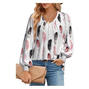 FLYCURVY Plus Size Blouses for Women Long Sleeve Shirts Pleated V Neck Loose Casual Dressy Comfy Tunics Size 4XL