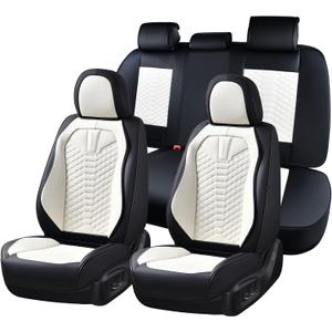 Coverado Leather Seat Covers, Car Seat Covers Full Set, Waterproof Nappa Leather Car Seat Cover, Car Seat Protectors 5 Seats, Black & White Automotive Seat Covers Fit for Most Cars Trucks