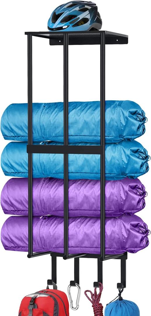 Camping Chair Wall Storage for Garage, Metal Camping Chair Storage Rack Wall Holder, Floating Shelf, 4 Hooks, Stainless Steel, Beach Chair Rack, Umbrella Holder, Garage Chair Organizer, Matte Black (36 IN)