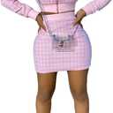 THLAI Women 2 Piece Skirt Set Long Sleeve Jacket Crop Top and Bodycon Mini Skirt Set Pink Party Outfits Birthday Suits (Small)