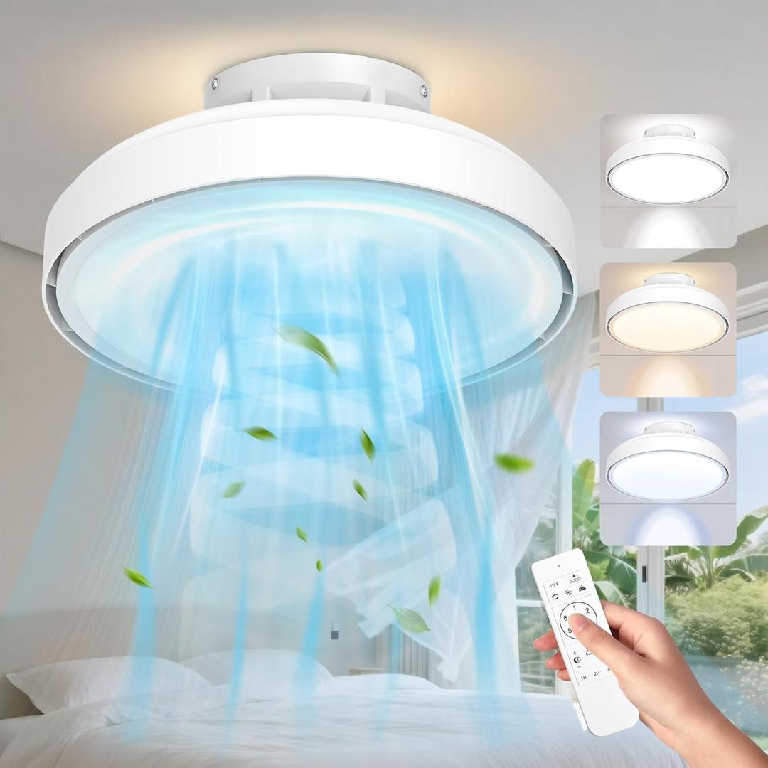 Mixoo Low Profile Bladeless Ceiling Fan with Light & Remote, Flush Mount Dimmable Ceiling Fan Lighting Kit, 6-Speed Quiet Reversible Motor for Bedroom, Kids Room, Kitchen, Modern White (18In)