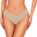 Hellopopgo Seamless Thongs For Women V-waisted No Show Thong Seamless Panties Breathable Comfortable Underwear Womens 6-Pack (Beige, L)