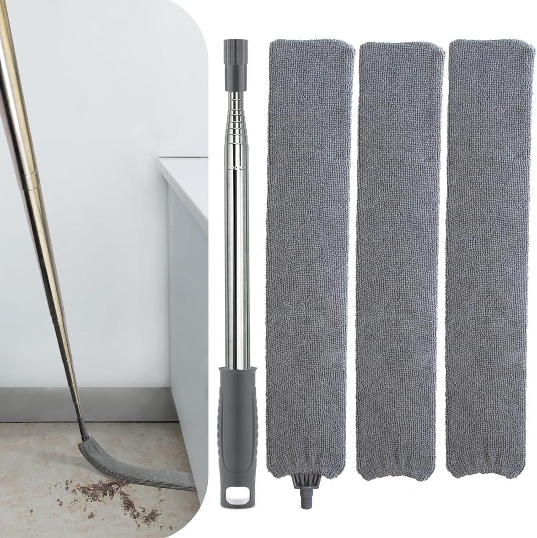 Retractable Gap Dust Cleaner with Extension Pole, Cleaning Tools with 3 Microfiber Dusting Cloths, Extendable Long Handle Duster for Cleaning Under Refrigerator Furniture Appliance (Gray)