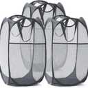 TECHMILLY Collapsible Mesh Pop Up Laundry Hamper with Sturdy Handles and Side Pocket - Portable Foldable Clothes Baskets for Dorm, Bathroom & Travel Storage (Grey, 3 Packs)