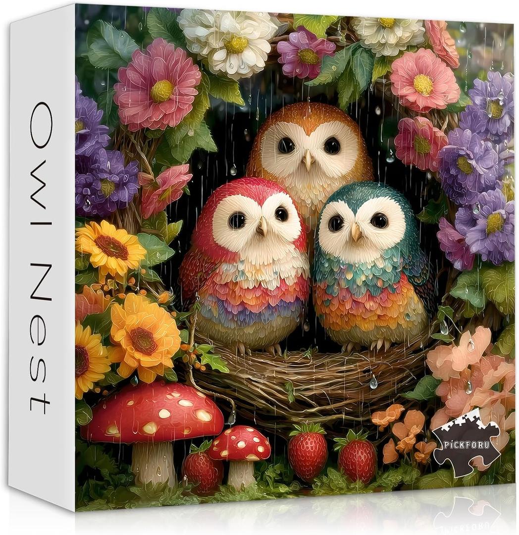 Spring Owl Puzzles for Adults 1000 Pieces, Nature Garden Flower Puzzles with Animal Bird Plant Mushroom, Impossible Hard Challenge Jigsaw Puzzle