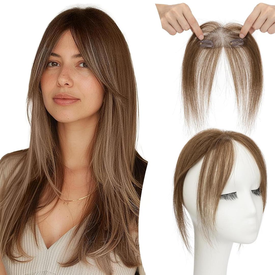 Clip in Bangs, 100% Real Human Hair, Human Hair Clip in Bangs, Middle Part HairPieces, No Tangle & Smooth, 11g #04 Medium Brown