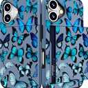 Compatible for iPhone 16 Plus Case Cute with Card Holder Shockproof Slim Slot Phone Wallet Cover for Women/Blue Butterflies Bright Animals Beautiful Theme Ornament