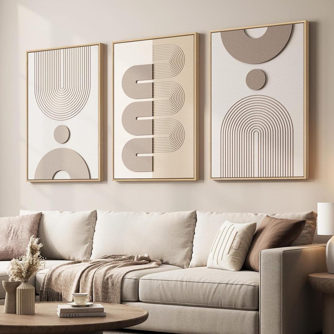 Large 3D Textured Framed Boho Neutral Abstract Wall Art for Living Room, 3 Piece Modern Paintings Artwork for Walls, Minimalist Beige White Geometric Pictures for Bedroom Hallway Office Wall Decor 24x36 In, 24"w X 36"h X 3pcs