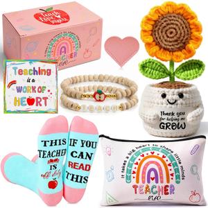 U-Goforst Teacher Appreciation Gifts for Women, Gifts for Teachers, Teacher Gifts Supplies with Makeup Bags Crochet Sunflower Bookmark Bracelet Socks for Teacher Appreciation