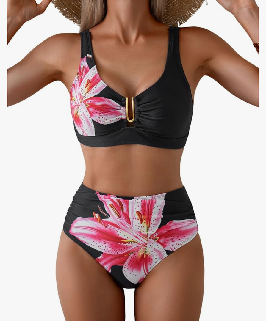 Eomenie Bikini Sets for Women High Waisted Two Piece Bathing Suit U Wired V Neck Swimsuit Adjustable Straps Swimwear, Medium