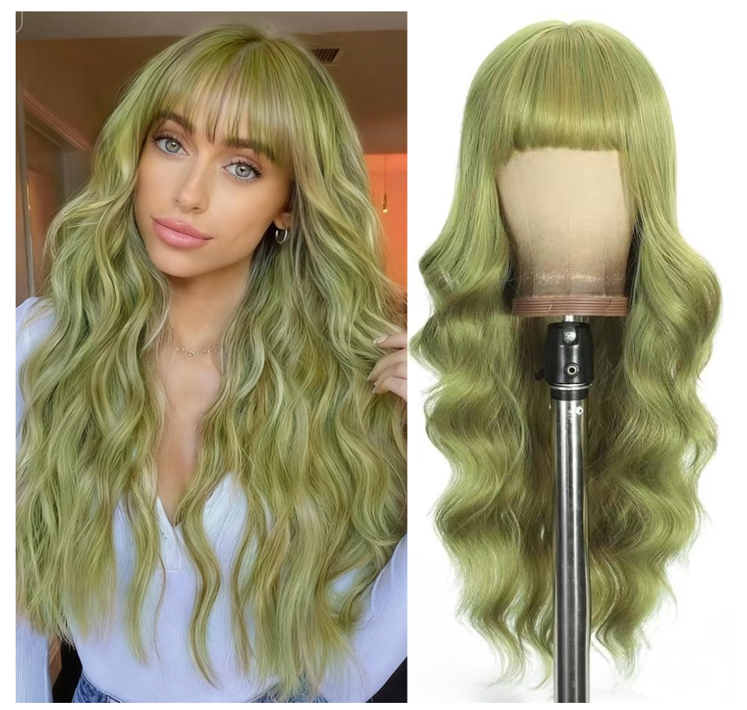 Matcha Green Wigs with Bangs Long curly wavy Wig for Women Natural Wig Wear and Go Synthetic Wigs for Daily Party Use 26IN